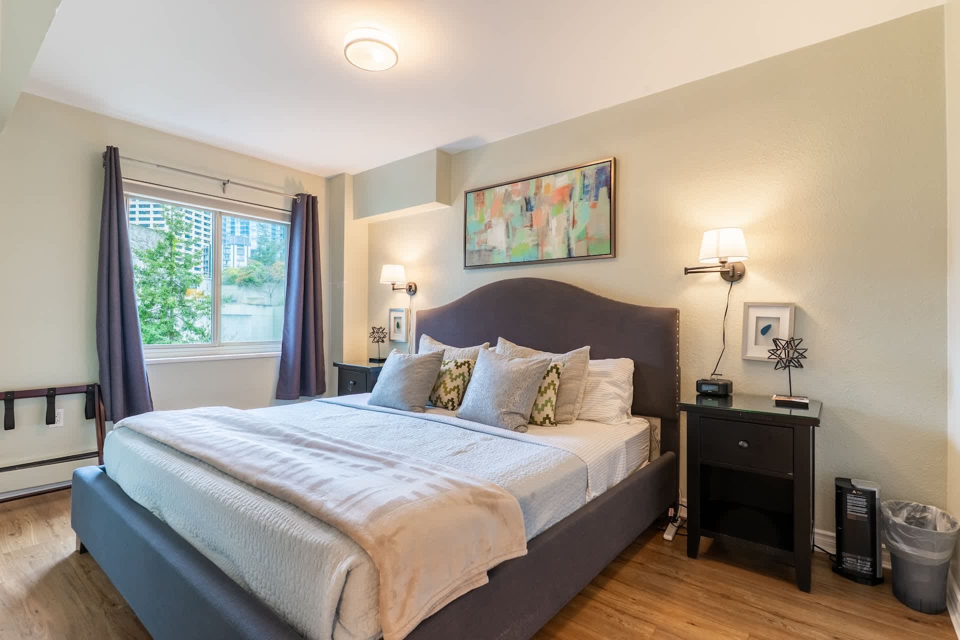 The room offers a peaceful retreat with ample space and a cozy, inviting atmosphere.