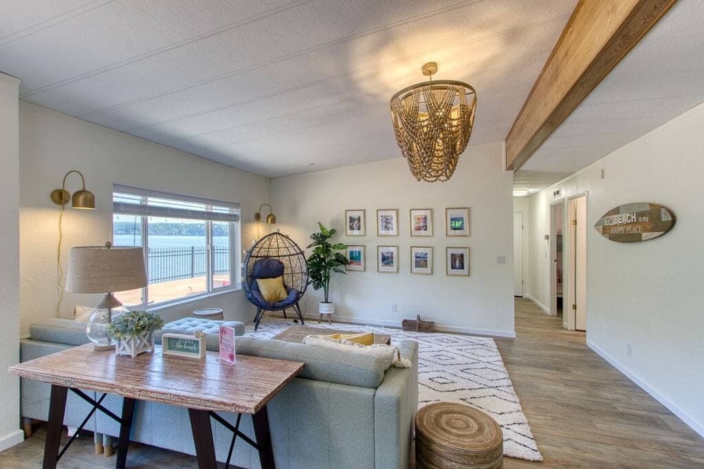 Modern designed living room with water view