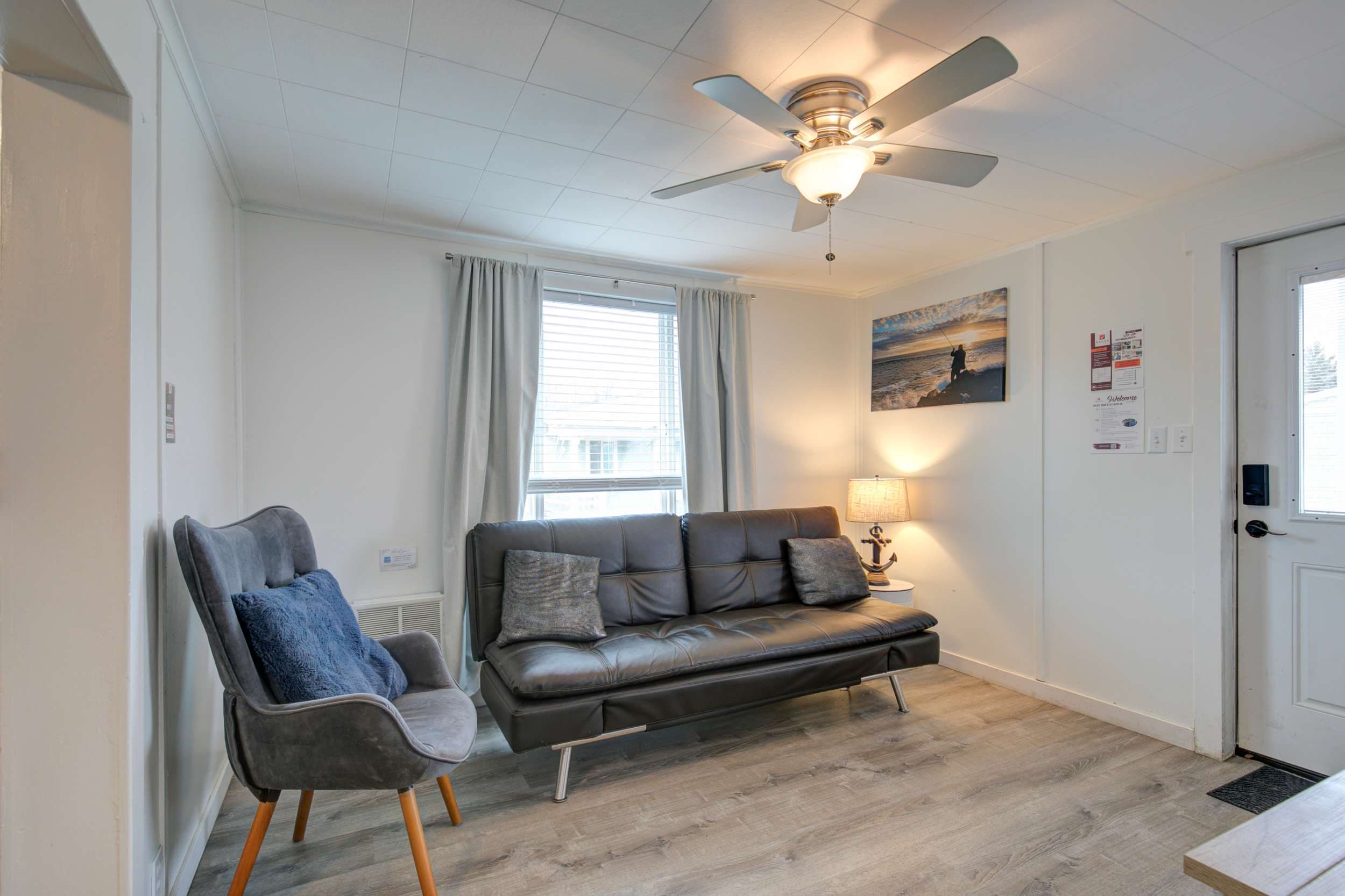 Stylish living room with multiple seating options