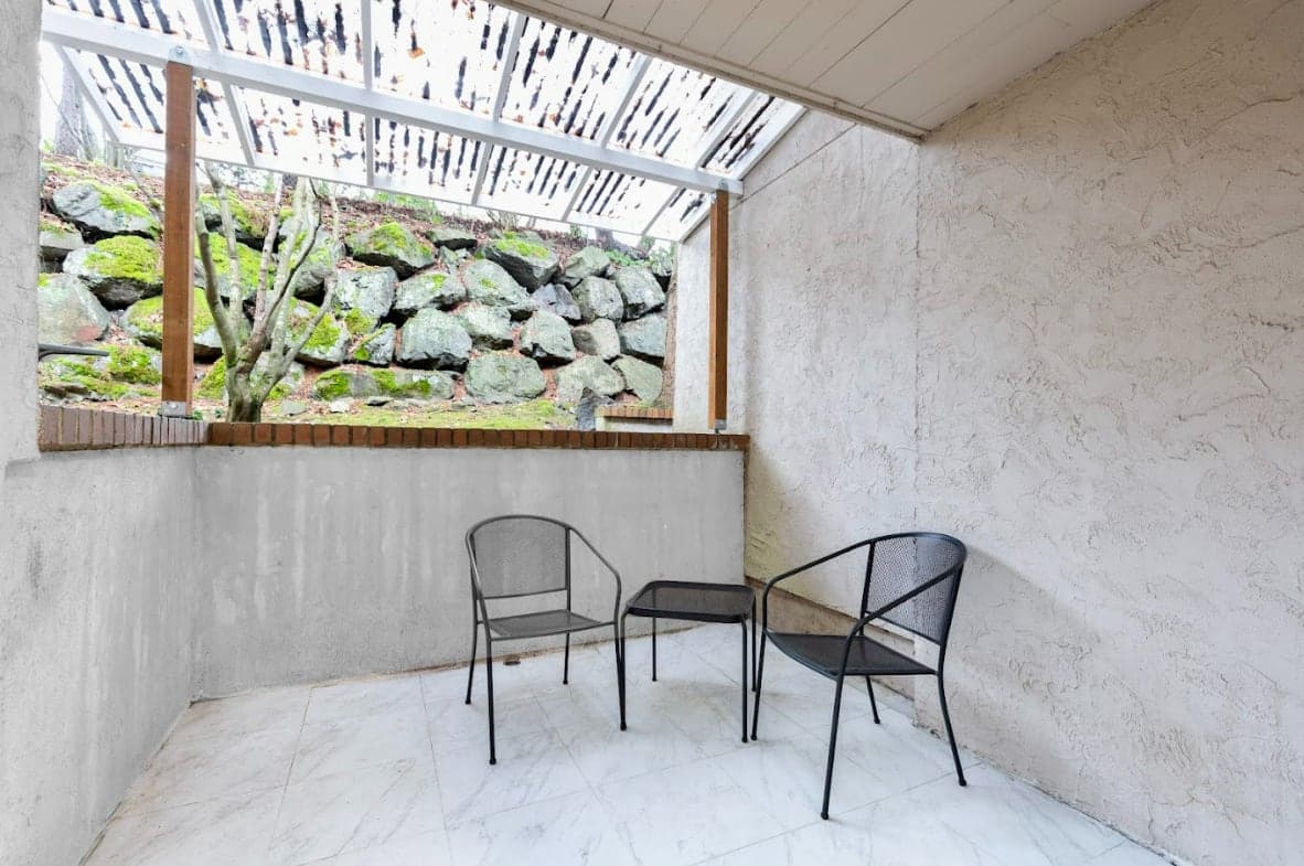 Enjoy your morning coffee on the private covered patio with seating