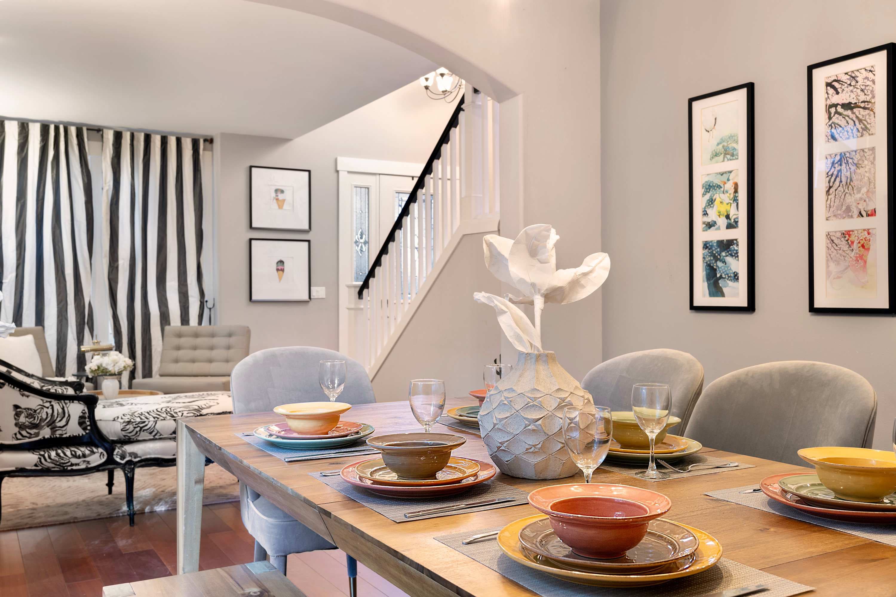 An elegant dining table for eight for formal gatherings