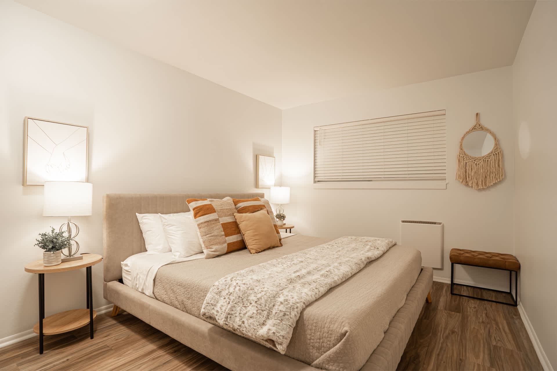 A peaceful retreat featuring warm and soft hues to relax.